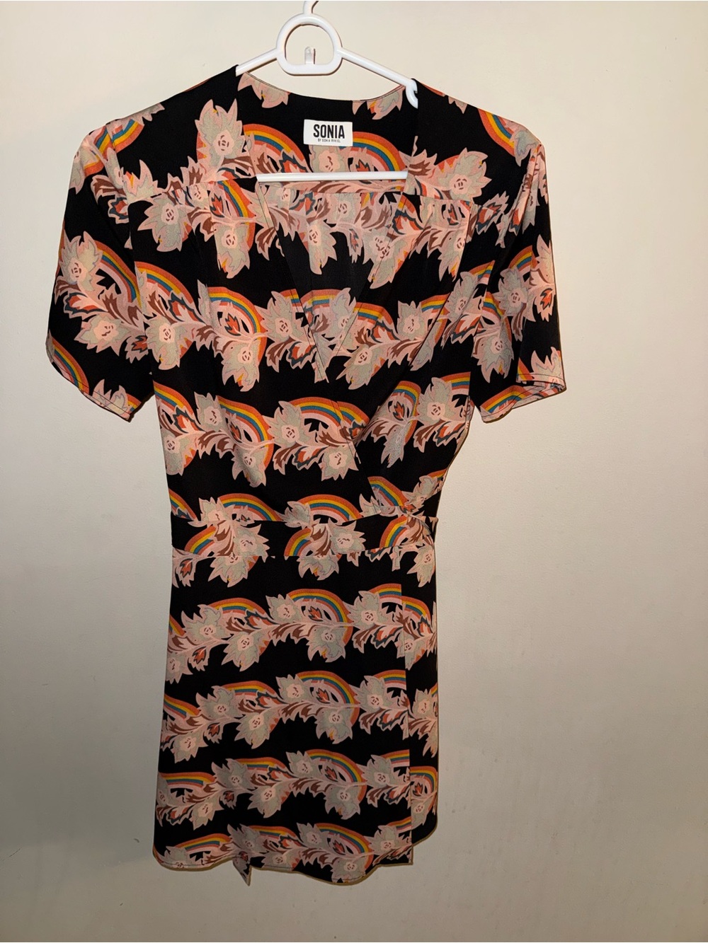 Sonia Rykiel Black Floral Rainbow Short Sleeve Dress